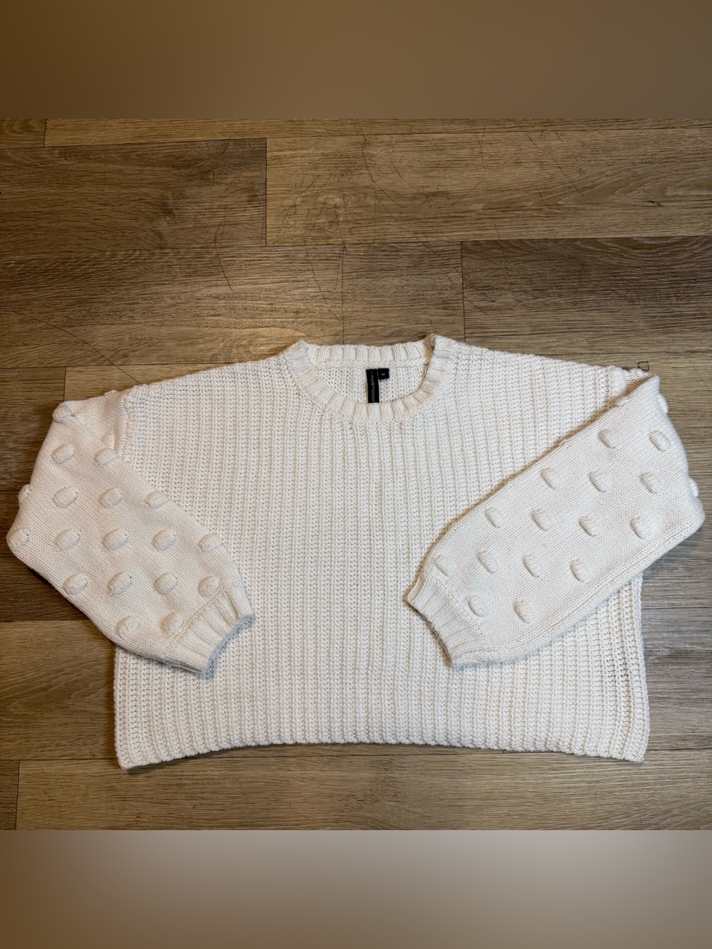 Moon & Madison Ivory White Bobble Sleeve Cropped Sweater Women's Size M Boho